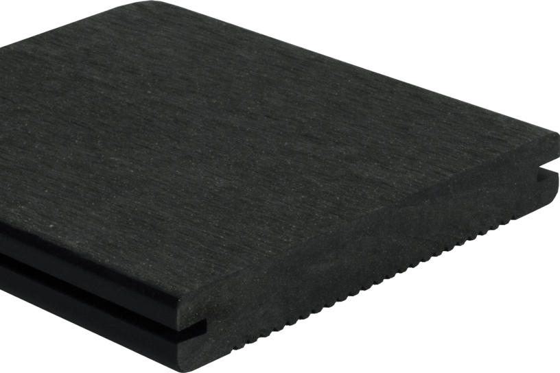 Schwarze massive WPC-Terrassendiele mit glatter Oberfläche und seitlichem Nut-Feder-Profil.