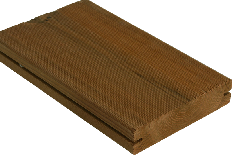 Dunkelbraune Thermo-Kiefer Terrassendiele mit glatter Oberfläche und seitlichem Nut-Feder-Profil.