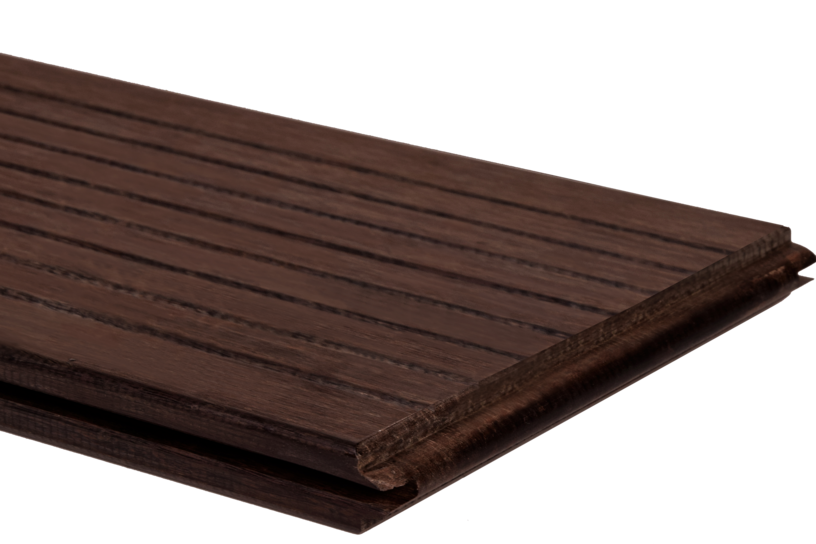 Dunkelbraune Bambus-Terrassendiele mit geriffelter Oberfläche und Nut-Feder-System.